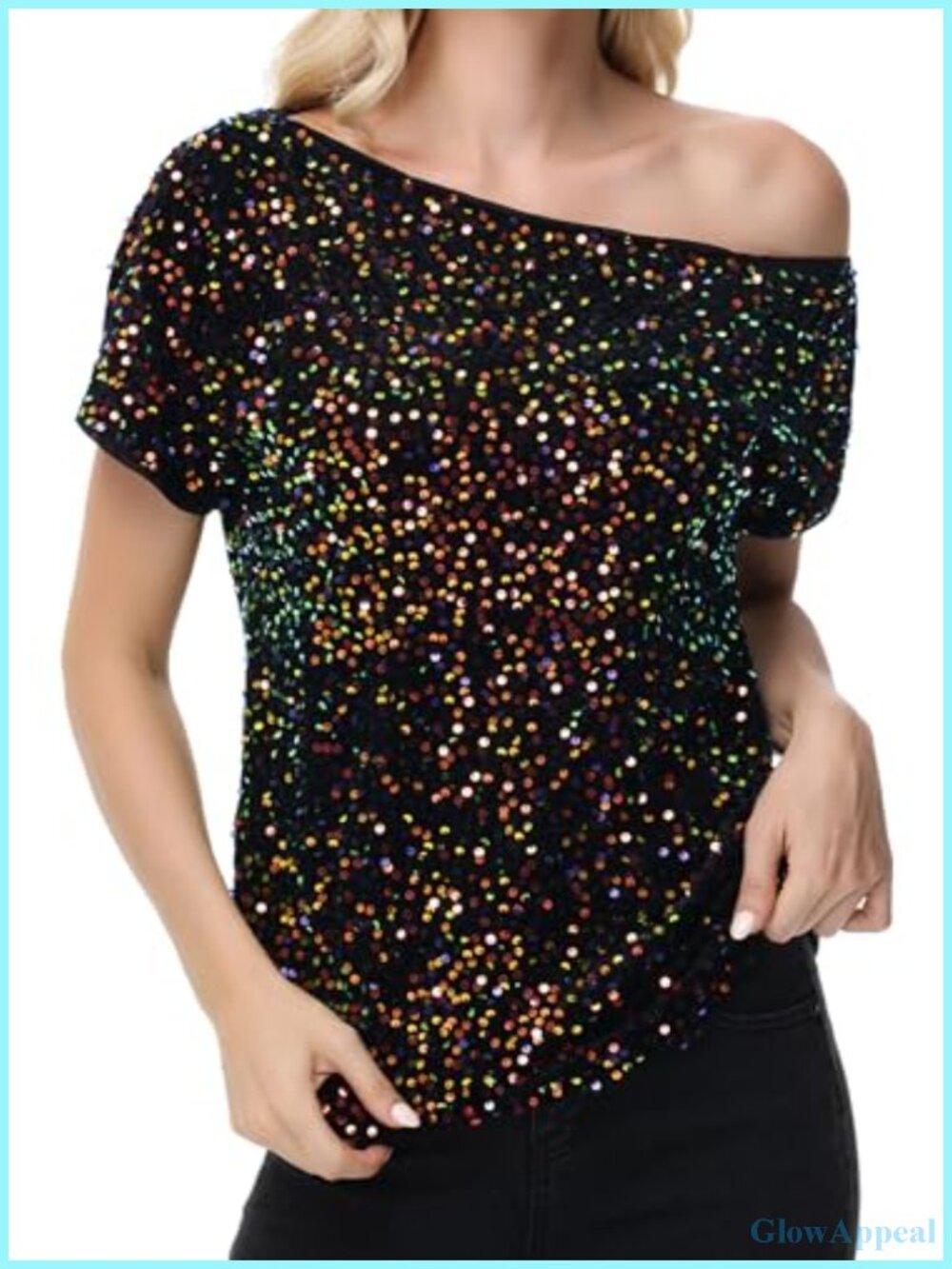 Sequin One Shoulder Short Sleeve Sparkle Glitter Party Tunic Blouse